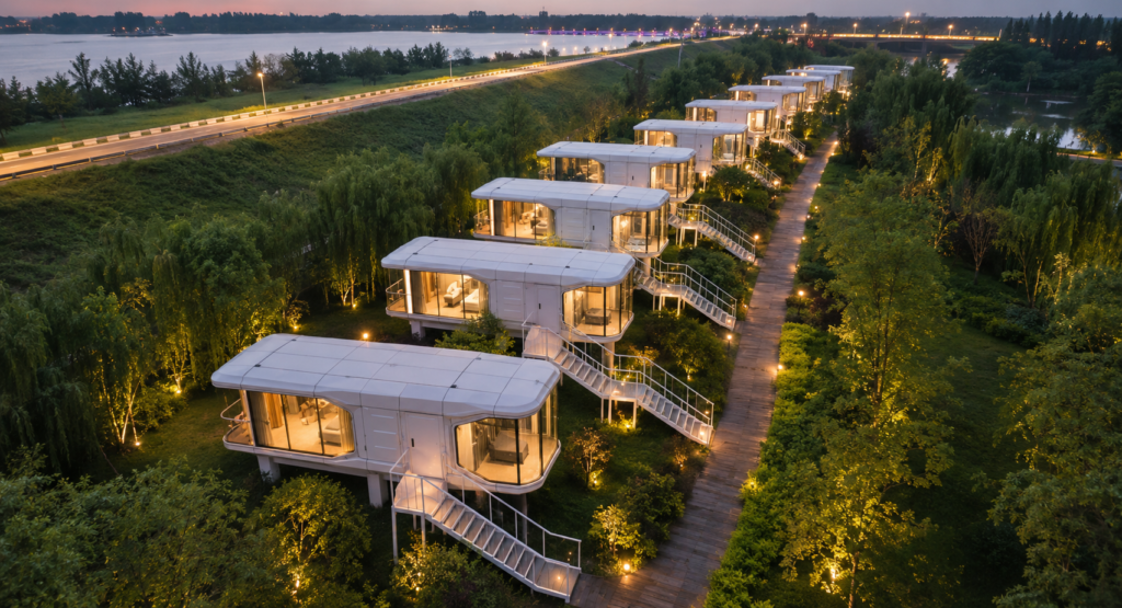 completed prefab space capsule house for outdoor accommodation