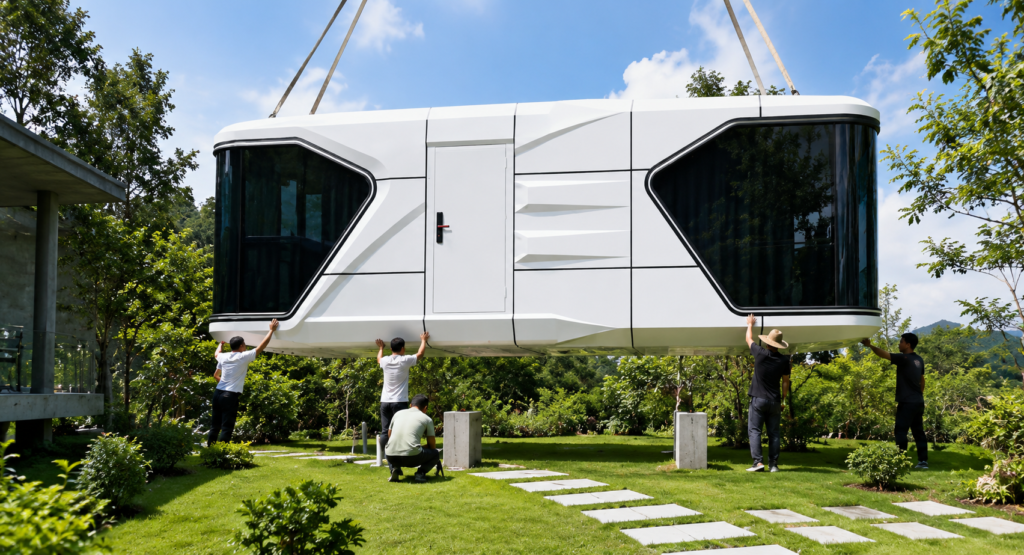 space capsule house foundation and lifting process