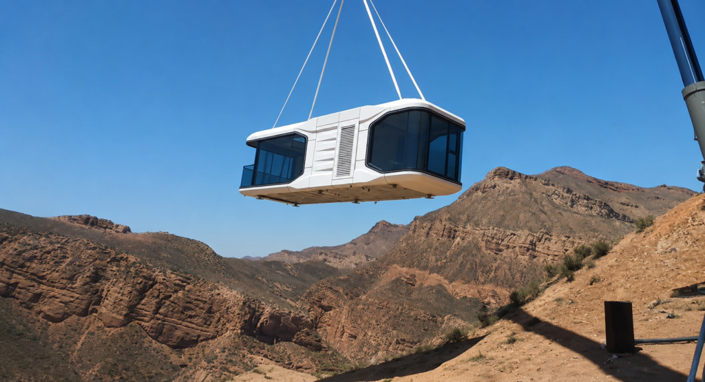 prefab space capsule house installation on site