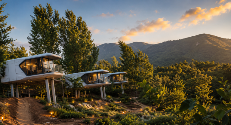 prefab space capsule house installation at resort project