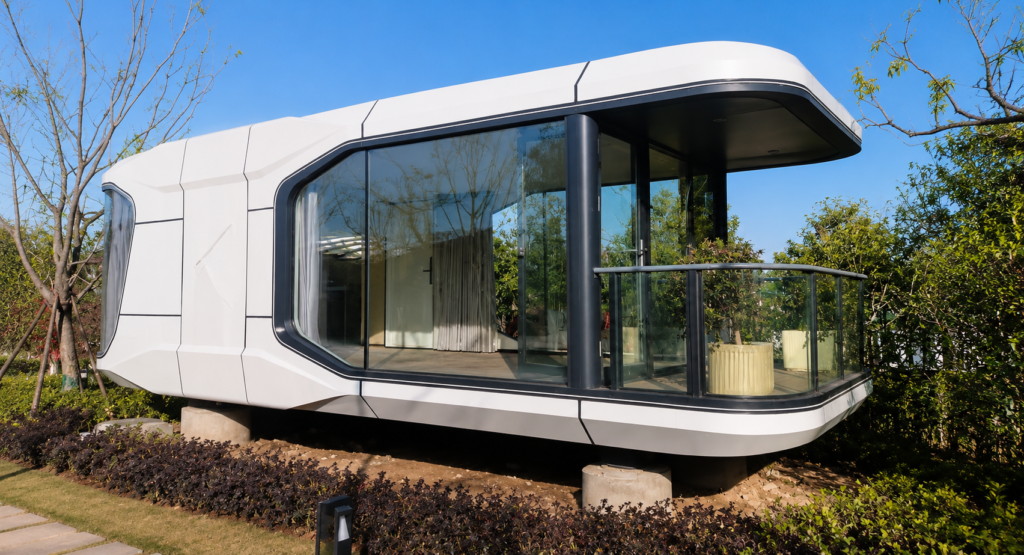 prefab space capsule house installation on site