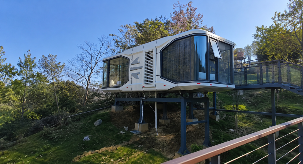 space capsule house utility connection and interior setup