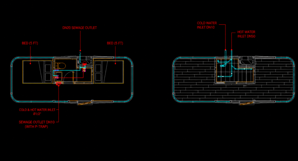 space capsule house utility connection and interior setup