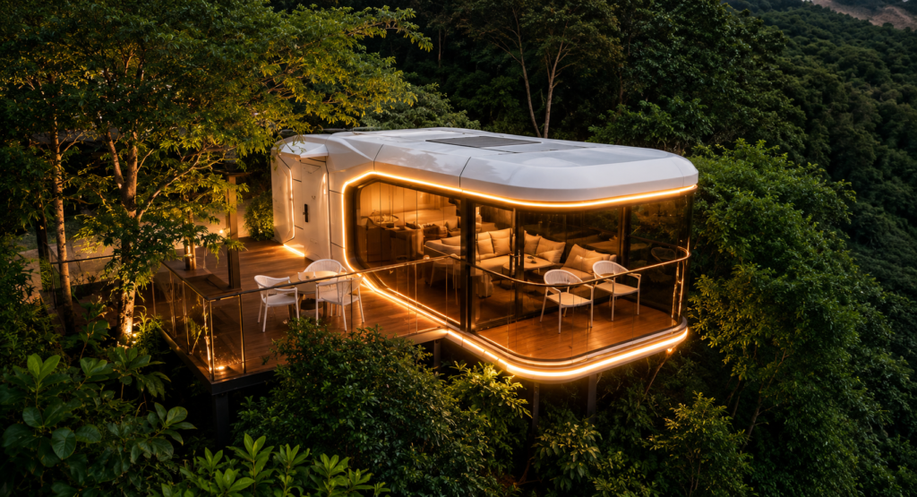 Modern space capsule house interior design for Airbnb short term rental accommodation