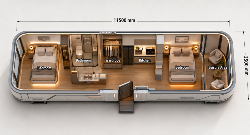 Two bedroom space capsule house layout
